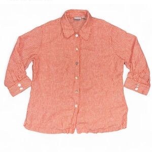 Chicos 100% Linen Button Up Shirt Blouse Orange White Stripe Size 2 L Coastal